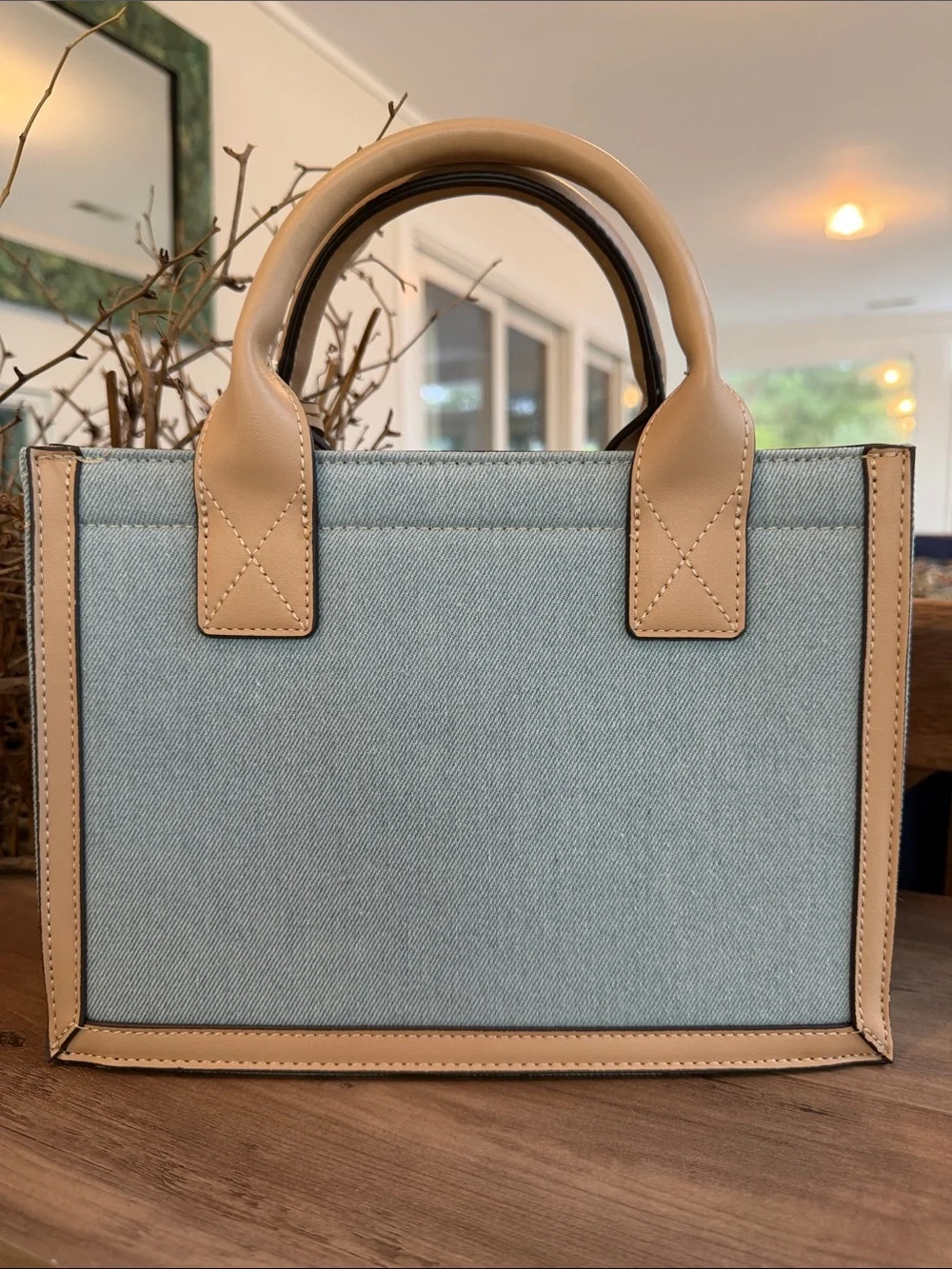True Religion Light Blue Denim & Tan Leather Tote